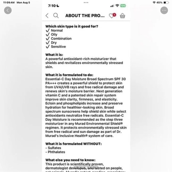 BNIB MURAD ENVIRONMENTAL SHIELD ESSENTIAL-C DAY MOISTURE SPF 30 .8 FL oz. $FIRM - Picture 3 of 6